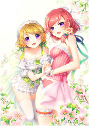 Rule 34 | 10s, 2girls, :d, bare shoulders, breasts, brown hair, corset, detached sleeves, flower, frills, from side, hair flower, hair ornament, hair ribbon, holding hands, interlocked fingers, koizumi hanayo, looking at viewer, love live!, love live! school idol festival, love live! school idol project, medium breasts, multiple girls, nishikino maki, open mouth, purple eyes, red hair, ribbon, sha (shareddelicious), smile, standing, thigh strap, thighhighs, white legwear, yuri
