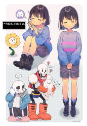 Rule 34 | ..., 1other, 2boys, ?, annoying dog, black footwear, black hair, black shorts, blue hair, blue jacket, blue sweater, boots, brothers, closed eyes, closed mouth, colored inner hair, commentary request, dog, english text, flowey (undertale), frisk (undertale), from side, full body, gloves, grey hood, grey shorts, grid background, hair behind ear, hands up, highres, holding, holding phone, hood, hood down, jacket, knee boots, knees up, long sleeves, looking at animal, looking at another, multicolored hair, multiple boys, musical note, open clothes, open jacket, own hands together, papyrus (undertale), phone, puffy long sleeves, puffy sleeves, purple sweater, red footwear, red gloves, sans (undertale), shadow, shiny footwear, shirakino, shirt, shoes, shorts, siblings, simple background, sitting, skeleton, slippers, socks, spoken ellipsis, standing, straight-on, striped clothes, striped sweater, sweater, thinking, toriel, two-tone hair, two-tone sweater, undertale, v arms, white dog, white shirt, white socks