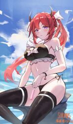 Rule 34 | 1girl, absurdres, arknights, bare arms, bare shoulders, bikini, black bikini, black thighhighs, blue sky, bow, breasts, cloud, commentary request, day, hair bow, highres, horns, large breasts, long hair, looking at viewer, navel, ponytail, purple eyes, red hair, revision, sayay-vanilla, side-tie bikini bottom, sitting, sky, solo, stomach, surtr (arknights), swimsuit, thighhighs, thighs, very long hair, white bow