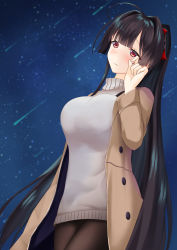 Rule 34 | 1girl, absurdres, agano (azur lane), agano (dating game?) (azur lane), azur lane, black hair, blush, breasts, brown coat, coat, commentary request, dress, highres, kanahigu, large breasts, long hair, meteor shower, night, night sky, open clothes, open coat, pantyhose, ponytail, red eyes, sky, solo, sweater, sweater dress, turtleneck, turtleneck sweater