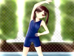 Rule 34 | 1girl, arm up, armpits, bike shorts, brown eyes, brown hair, chain-link fence, cowboy shot, day, exercising, fence, kingcat0404, one eye closed, original, outdoors, shorts, solo, stretching, twintails, vest, wink