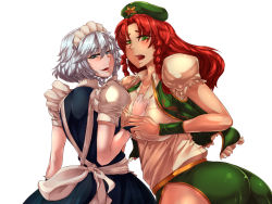 Rule 34 | 2girls, apron, ass, beret, blue eyes, blush, clothes grab, embarrassed, green eyes, hat, holding another&#039;s wrist, hong meiling, izayoi sakuya, long hair, looking back, maid headdress, multiple girls, open mouth, puffy short sleeves, puffy sleeves, red hair, sekiyu (spartan), short hair, short sleeves, silver hair, smile, touhou, vest, white background, yuri