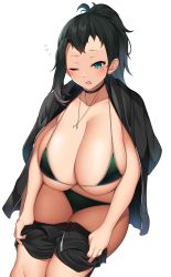 Rule 34 | 1girl, absurdres, aqua eyes, bikini, black choker, black hair, black shirt, black shorts, blush, breasts, choker, cleavage, commission, green bikini, highres, huge breasts, jewelry, legs together, long hair, looking at viewer, mole, mole under eye, necklace, one eye closed, open clothes, open mouth, open shirt, original, ponytail, shirt, shorts, simple background, skeb commission, sleepy, solo, standing, suruga (xsurugax), swimsuit, undressing, white background