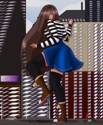 Rule 34 | absurdres, breasts, brown footwear, brown hair, building, car, cityscape, crushed, dark skin, day, destruction, giant, giantess, green eyes, ground shatter, highres, long hair, medium breasts, motor vehicle, orangiearts, police car, shirt, size difference, skirt, striped clothes, striped shirt, suspender skirt, suspenders, thighhighs, worried