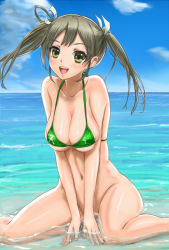 Rule 34 | 10s, 1girl, :d, alternate costume, beach, bikini, blue sky, blush, bottomless, breasts, breasts squeezed together, brown hair, bursting breasts, censored, cleavage, cloud, convenient censoring, day, green bikini, grey hair, groin, hair ribbon, highres, kantai collection, large breasts, long hair, looking at viewer, micro bikini, navel, ocean, open mouth, outdoors, partially submerged, public indecency, rasukaru, ribbon, sitting, sky, smile, solo, strap gap, string bikini, swimsuit, twintails, underboob, v arms, wariza, water, wide hips, yellow eyes, zuikaku (kancolle)
