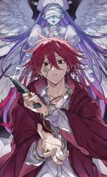 Rule 34 | 1boy, carpaccio luo-yang, collared shirt, earrings, facial mark, feathered wings, highres, jewelry, knife, long hair, long sleeves, looking at viewer, m aizw, mashle, parted lips, purple hair, red eyes, red hair, red robe, ring, robe, shirt, short hair, spiked hair, white shirt, wings