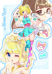 Rule 34 | 1girl, \m/, absurdres, asymmetrical legwear, ayako (xiaqiu), bare shoulders, blonde hair, blue dress, blue thighhighs, brown eyes, brown hair, character name, crown, curly hair, dot nose, double bun, dress, dual persona, expressionless, glasses, hair bun, hands up, high heels, highres, holding, holding microphone, idol, long hair, looking at viewer, microphone, minami mirei, multiple views, outline, pink thighhighs, ponytail, pretty series, pripara, puffy sleeves, school uniform, short dress, short hair, solo, standing, standing on one leg, thighhighs, twitter username, wrist cuffs, yellow footwear, zettai ryouiki
