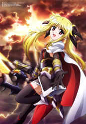 Rule 34 | 1girl, :d, absurdres, armor, armored boots, bardiche (blitz saber form) (nanoha), bardiche (nanoha), belt, black dress, black gloves, black ribbon, black skirt, black thighhighs, blonde hair, blush, boots, breasts, brown belt, cape, cloud, cloudy sky, dress, elbow gloves, energy sword, eyes visible through hair, fate testarossa, fate testarossa (blaze iii), flying, gauntlets, gloves, hair ribbon, high heel boots, high heels, highres, holding, holding sword, holding weapon, leg up, lightning, long hair, looking at viewer, lyrical nanoha, magazine scan, magical girl, mahou shoujo lyrical nanoha, mahou shoujo lyrical nanoha detonation, megami magazine, morimoto yufuki, official art, open mouth, outstretched arm, overskirt, print dress, red cape, red eyes, ribbon, scan, short dress, skirt, sky, sleeveless, sleeveless dress, small breasts, smile, solo, sunlight, sword, thighhighs, thunder, twintails, weapon, white cape, zettai ryouiki