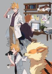 Rule 34 | 1boy, arcanine, basket, belt, black footwear, blue oak, book, brown pants, chair, closed eyes, closed mouth, collared shirt, commentary, computer, creatures (company), cup, cuteskitty, desk, eevee, english commentary, game freak, gen 1 pokemon, grey background, hand in pocket, hand up, highres, holding, holding cup, jewelry, lab coat, laptop, leaf (pokemon), male focus, mug, multiple views, necklace, nintendo, open mouth, orange hair, pants, paper, photo (object), plant, pokemon, pokemon (creature), pokemon sm, potted plant, shirt, shoes, sitting, smile, spiked hair, teeth, yawning