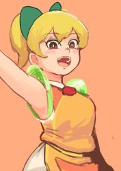 Rule 34 | 1girl, absurdres, arm up, armpits, blonde hair, blush, brown eyes, chanta (ayatakaoisii), copyright request, highres, open mouth, orange background, ponytail, simple background, sleeveless, solo, upper body