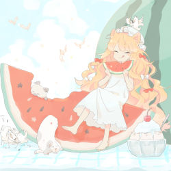 Rule 34 | 1girl, ahoge, animal, animal ears, barefoot, bird, blonde hair, blush, blush stickers, bow, cat, cherry, closed eyes, closed mouth, cloud, cloudy sky, dancing, dress, eating, flying, food, fruit, hair bow, highres, holding, holding food, holding fruit, ice cream, kinutani yutaka, long hair, open mouth, original, oversized food, oversized object, red bow, seed, signature, sky, smile, spoon, star (symbol), tongue, tongue out, transparent, very long hair, watermark, watermelon, watermelon slice, white bow, white dress, white headwear