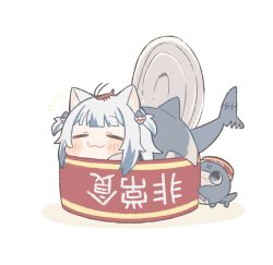 Rule 34 | 1girl, :3, = =, animal, animal ear fluff, animal ears, animal on head, bloop (gawr gura), blue hair, blunt bangs, blush stickers, can, cat ears, chibi, commentary, fins, fish tail, gawr gura, highres, hololive, hololive english, in container, multicolored hair, on head, same anko, shark tail, shrimp, simple background, smile, solo, streaked hair, symbol-only commentary, tail, translated, two-tone hair, two side up, upside-down text, virtual youtuber, white background, white hair