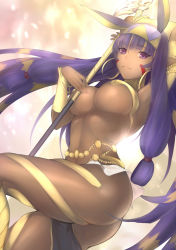 Rule 34 | 1girl, animal ears, arm up, armlet, armpits, artist request, ass, belly chain, blunt bangs, bracelet, breasts, chain, dark-skinned female, dark skin, earrings, egyptian, egyptian clothes, facepaint, facial mark, fate/grand order, fate (series), gold trim, hair tubes, hairband, highres, hip focus, hoop earrings, jackal ears, jewelry, large breasts, long hair, looking at viewer, multicolored hair, navel, nitocris (fate), nitocris (third ascension) (fate), pelvic curtain, purple eyes, purple hair, revealing clothes, sidelocks, smile, solo, staff, tan, thighs, two-tone hair, underboob, very long hair