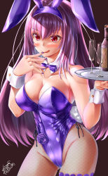 Rule 34 | 1girl, absurdres, animal ears, ayakase hotaru, bare shoulders, blush, bottle, bow, bowtie, breasts, cleavage, cup, detached collar, drinking glass, fake animal ears, fate/grand order, fate (series), finger to mouth, fishnets, highres, holding, holding tray, large breasts, leotard, long hair, nail polish, official alternate costume, pantyhose, playboy bunny, purple hair, purple leotard, purple nails, rabbit ears, rabbit tail, red eyes, scathach (fate), scathach (piercing bunny) (fate), signature, smile, solo, tail, thigh strap, tongue, tongue out, tray, wine bottle, wrist cuffs
