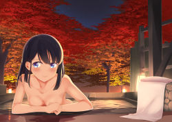 Rule 34 | 1girl, apollo (hu maple), autumn leaves, bare arms, bath, black hair, blue eyes, blush, breasts, closed mouth, highres, leaf, maple leaf, medium breasts, nude, onsen, original, self-upload, smile, solo, water, wet