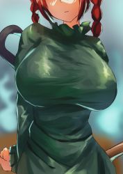 Rule 34 | 1girl, animal ears, blurry, blurry background, braid, breast focus, breasts, cat ears, cat tail, dress, green dress, highres, huge breasts, kaenbyou rin, multiple tails, nekomata, red hair, solo, tail, teruteru12, touhou, twin braids, two tails