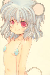 Rule 34 | 1girl, animal ears, bikini, blush, female focus, flat chest, grey hair, highres, mouse ears, mouse tail, navel, nazrin, nishina masato, red eyes, slingshot swimsuit, smile, solo, sweatdrop, swimsuit, tail, touhou, untied, upper body