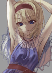 Rule 34 | 1girl, akane hazuki, alice margatroid, armpits, arms up, blonde hair, blue dress, blue eyes, bracelet, breasts, capelet, commentary request, dress, eyelashes, grey background, hair between eyes, hairband, jewelry, looking at viewer, parted lips, red hairband, see-through, short hair, simple background, sleeveless, sleeveless dress, small breasts, smile, solo, symbol-only commentary, touhou, unfinished, upper body