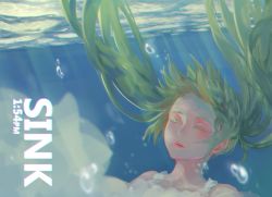 Rule 34 | 1girl, air bubble, alternate hair color, bubble, closed eyes, colored eyelashes, dress, english text, floating hair, forehead, green hair, hatsune miku, light rays, lips, litra (ltr0312), long hair, ltr0312, nose, sinking, solo, submerged, sunlight, text focus, twintails, underwater, upper body, vocaloid, water, wet