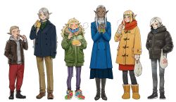 Rule 34 | 3boys, 3girls, :q, :t, ankle boots, arm at side, bag, baozi, biting, black coat, black footwear, black legwear, blonde hair, blue coat, blue eyes, blunt bangs, blush, boots, bowl, braid, bread, breath, brown footwear, brown jacket, brown pants, chopsticks, cithis, closed eyes, coat, cold, contemporary, cross-laced footwear, dark skin, drawstring, dungeon meshi, ear piercing, earclip, eating, elf, facial mark, facing viewer, fleki, food, forehead mark, frown, full body, fur-trimmed boots, fur-trimmed coat, fur trim, green coat, green sweater, grey hair, grey hoodie, grey pants, hair over shoulder, hair tubes, hand in pocket, hands in pockets, high heel boots, high heels, highres, holding, holding bag, holding bowl, holding chopsticks, holding food, hood, hood down, hoodie, jacket, knee boots, kui ryouko, leather, leather jacket, lineup, long hair, looking at another, looking at viewer, looking away, looking down, looking to the side, low twintails, lysion, mask, mask pull, messy hair, mithrun, mouth mask, multicolored clothes, multicolored footwear, multicolored scarf, multiple boys, multiple girls, notched ear, official art, one eye closed, open clothes, open jacket, orange coat, otta (dungeon meshi), own hands together, pants, pants tucked in, pantyhose, pattadol, piercing, plastic bag, pocket, pointy ears, purple legwear, red pants, red scarf, scarf, shoes, shopping bag, short hair, sidelocks, sideways glance, sleeves past wrists, sneakers, standing, straight hair, striped clothes, striped legwear, striped pantyhose, surgical mask, sweater, swept bangs, toggles, tongue, tongue out, twintails, unzipped, vertical-striped clothes, vertical-striped legwear, vertical-striped pantyhose, very long hair, winter clothes