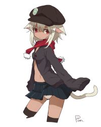 Rule 34 | 1girl, absurdres, animal ears, artist name, cabbie hat, cat ears, cat tail, cowboy shot, cropped legs, eyebrows, hat, highres, looking at viewer, navel, original, panties, platinum blonde hair, pom pom (clothes), red eyes, red scarf, scarf, simple background, skirt, sleeves past wrists, solo, sweater, tadashi (tadashi1013), tail, thighhighs, underwear, white background, white panties