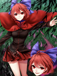 Rule 34 | 1girl, absurdres, aura, bad id, bad pixiv id, black shirt, blurry, bow, breasts, cape, dark aura, depth of field, floating head, floral background, hair bow, highres, hitodama, miniskirt, open mouth, outstretched arm, pleated skirt, red cape, red eyes, red hair, red skirt, ribbon-trimmed headwear, ribbon trim, sekibanki, sheya, shirt, short hair, skirt, smile, smirk, solo, thighs, touhou, willow