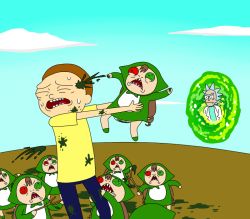 Rule 34 | &gt;:&lt;, 2boys, :&lt;, angry, attack, brown hair, closed mouth, crossover, closed eyes, futaba channel, green eyes, heterochromia, jissouseki, lab coat, mortimer smith, multiple boys, portal (object), red eyes, rick and morty, rick sanchez, rozen maiden, shirt, short sleeves, stick, sweat, v-shaped eyebrows, yellow shirt