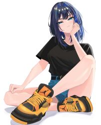 Rule 34 | 1girl, absurdres, black shirt, blue eyes, blue hair, hand on own face, hand on own leg, highres, hololive, hololive english, light blush, looking at viewer, ouro kronii, shirt, shoes, short hair, shorts, sitting, sneakers, virtual youtuber, zeon (zzeeonn)