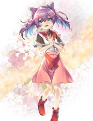 Rule 34 | 1girl, blue eyes, brown footwear, commentary request, dot nose, floral background, flower, future card buddyfight, hair ornament, happy, highres, kicori, long skirt, looking at viewer, medium hair, mikono miko, open mouth, pink hair, pink ribbon, pink skirt, ribbon, shirt, shoes, short sleeves, skirt, solo, twintails