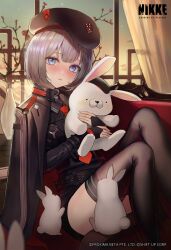 Rule 34 | 1girl, absurdres, armchair, belt, beret, black gloves, black headwear, black jacket, black shirt, black thighhighs, blue eyes, blush, bob cut, chair, chinese zodiac, commentary request, company name, copyright name, curtains, fingerless gloves, gloves, goddess of victory: nikke, hat, highres, holding, holding stuffed toy, indoors, jacket, jacket on shoulders, looking at viewer, necktie, official art, on chair, rabbit, red necktie, second-party source, shirt, short hair, sitting, stuffed animal, stuffed rabbit, stuffed toy, thighhighs, vase, vesti (nikke), white hair, window, year of the rabbit, yuna (deadawon)