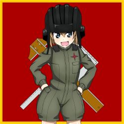 Rule 34 | 10s, 1girl, bad id, bad pixiv id, bickle (bickle1983), blonde hair, blue eyes, commentary, cowboy shot, crossed arms, emblem, fang, girls und panzer, green jumpsuit, hands on own hips, helmet, jumpsuit, katyusha (girls und panzer), long sleeves, looking at viewer, military, military uniform, open mouth, pravda (emblem), pravda military uniform, short hair, short jumpsuit, smile, solo, standing, tank helmet, uniform