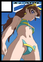 Rule 34 | 1girl, amanogawa kirara, bare shoulders, breasts, brown hair, c-string, closed mouth, earrings, go! princess precure, hairband, jewelry, long hair, looking at viewer, nadeara bukichi, precure, purple eyes, smile, solo, star (symbol), star earrings, strapless bottom, swimsuit