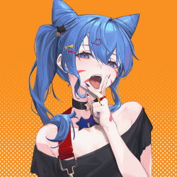 Rule 34 | 1girl, animal (vocaloid), bare shoulders, black choker, black shirt, blue eyes, blue hair, blue nails, cat hair ornament, choker, commentary request, cone hair bun, facepaint, fingernails, hair between eyes, hair bun, hair ornament, highres, hololive, hoshimachi suisei, jewelry, long hair, looking at viewer, multicolored nails, nail polish, off shoulder, open mouth, red nails, ring, sharp fingernails, shirt, short sleeves, side ponytail, solo, tongue, tongue out, v, virtual youtuber, vocaloid, whitem (whiteemperor2020)