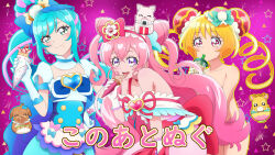 Rule 34 | 3girls, blonde hair, blue bow, blue dress, blue hair, bow, bowtie, brooch, bubble tea, bun cover, choker, closed mouth, commentary, completely nude, cone hair bun, cup, cure precious, cure spicy, cure yum-yum, delicious party precure, disposable cup, double bun, dress, drinking, eating, food, food on face, fuwa kokone, gloves, green eyes, hair bow, hair bun, hairband, hanamichi ran, hand on own hip, head tilt, heart, heart brooch, highres, holding, holding cup, holding food, huge bow, ice cream, jewelry, kome-kome (precure), leaning forward, long hair, looking at viewer, magical girl, mameshiba (pixiv 59310), mem-mem (precure), multicolored hair, multiple girls, nagomi yui, nude, off shoulder, open mouth, pam-pam (precure), parfait, pink dress, pink hair, precure, purple eyes, red bow, red bowtie, red choker, red eyes, red hairband, rope, short hair, smile, standing, streaked hair, translated, triple bun, two-tone hair, two side up, undressing, white gloves