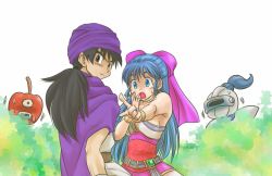 Rule 34 | 1boy, 1girl, :o, bare shoulders, black hair, blue eyes, blue hair, blush, bow, bracelet, covering own mouth, dragon quest, dragon quest v, earrings, evil apple, flora (dq5), grey eyes, hair bow, hand over own mouth, hero (dq5), husband and wife, jewelry, long hair, pekuchin (pekuchin 3), pink bow, pointing, ring, slime knight, sweatdrop, turban