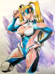 Rule 34 | 1girl, ahn dongshik, blonde hair, blue eyes, breasts, highres, leotard, long hair, mask, rainbow mika, solo, street fighter, street fighter v, sweat, twintails, wrestling outfit