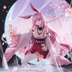 Rule 34 | 1girl, animal ears, bare shoulders, branch, breasts, cherry blossoms, cleavage, closed mouth, floating, fox ears, fox mask, hair between eyes, highres, honkai (series), honkai impact 3rd, invisible chair, japanese clothes, long hair, looking at viewer, mask, miko, moon, ocean, p-deng, petals, petals on liquid, pink hair, pink skirt, purple eyes, red skirt, sitting, skirt, smile, solo, thighhighs, wading, white sleeves, white thighhighs, yae sakura, yae sakura (gyakushinn miko)