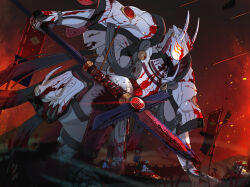 Rule 34 | 1boy, armor, arrow (projectile), banner, battlefield, blood, blood on clothes, car, embers, fake horns, fate/grand order, fate (series), full armor, glowing, glowing eyes, helmet, highres, holding, holding polearm, holding weapon, horned helmet, horns, male focus, mini nobu (fate), mori nagayoshi (fate), motor vehicle, polearm, ringono-uta s-r- 27, spear, weapon