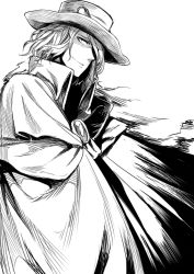 Rule 34 | 1boy, coat, edmond dantes (fate), fate/grand order, fate (series), greyscale, hair over one eye, hat, highres, looking at viewer, male focus, medium hair, monochrome, nakamura regura, parted lips, simple background, smile, solo, white background
