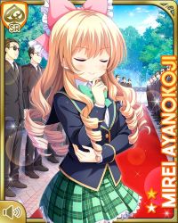 Rule 34 | 1girl, 6+boys, ayanokoji mirei, black jacket, black neckwear, black pants, blonde hair, blouse, blue jacket, bow, card, character name, closed eyes, closed mouth, crossed arms, curly hair, day, drill hair, formal, girlfriend (kari), green bow, green skirt, hair ornament, jacket, limousine, long hair, multiple boys, necktie, official art, ouju, outdoors, pants, pink bow, plaid, plaid skirt, purple eyes, qp:flapper, red carpet, ringlets, school uniform, shirt, shoes, skirt, smile, standing, suit, tagme, very long hair, white legwear, white shirt