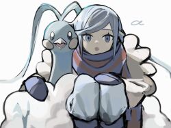 Rule 34 | 1boy, :o, altaria, blue eyes, boots, commentary, creatures (company), eyelashes, game freak, gen 3 pokemon, grey hair, grusha (pokemon), jacket, looking at viewer, male focus, mittens, nintendo, open mouth, pants, pokemon, pokemon (creature), pokemon sv, sameniku umai, scarf, squatting, striped clothes, striped scarf, symbol-only commentary