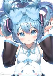 Rule 34 | 1girl, arms up, blue bow, blue eyes, blue hair, blue nails, blue necktie, blush, blush stickers, bow, cinnamiku, cinnamoroll, collared shirt, detached sleeves, ear bow, frilled shirt, frilled shirt collar, frills, hair between eyes, hair bow, hatsune miku, highres, long hair, long sleeves, looking at viewer, nail polish, necktie, parted lips, ryota (ry o ta), sanrio, shirt, signature, simple background, solo, updo, upper body, vocaloid, white background, white shirt