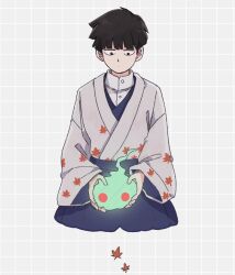 Rule 34 | 1boy, autumn leaves, black hair, blush stickers, bowl cut, collared shirt, ekubo (mob psycho 100), fire, full body, glowing, green fire, grey background, grid background, hakama, highres, hitodama, holding, japanese clothes, kageyama shigeo, kimono, leaf, leaf print, long sleeves, looking at another, looking down, male focus, maple leaf, mob psycho 100, no eyes, seiza, shirt, short hair, sitting, white shirt, wide sleeves, xxx478xxx