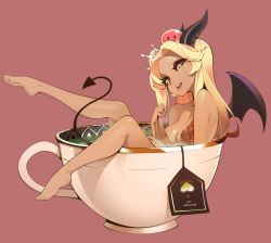 Rule 34 | 1girl, barefoot, blonde hair, breasts, cleavage, crown, cup, dark-skinned female, dark skin, demon girl, demon tail, green eyes, hair over breasts, halphelt, head tilt, horns, large breasts, legs up, lips, long hair, looking at viewer, mini crown, nude, open mouth, original, parted bangs, partially submerged, sidelocks, simple background, smile, solo, tail, teacup, wings