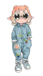Rule 34 | 1girl, blue footwear, blue jumpsuit, buttons, closed mouth, commentary, cross-laced footwear, full body, hands in pockets, highres, inkling, inkling girl, inkling player character, jumpsuit, medium hair, nintendo, pink hair, pointy ears, shoes, simple background, solo, splatoon (series), standing, sunglasses, tentacle hair, white-framed eyewear, white background, yuta agc