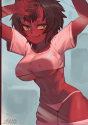 Rule 34 | 1girl, against glass, arms up, breast press, breasts, breasts on glass, brown hair, closed mouth, colored skin, covered erect nipples, cowboy shot, crop top, cropped shirt, fang, fang out, hands up, horns, kidouko (zakusi), large breasts, looking at viewer, navel, oni, oni horns, original, panties, red skin, shirt, short hair, short sleeves, signature, smile, solo, standing, thighhighs, underboob, underwear, white panties, white shirt, white thighhighs, yellow eyes, zakusi
