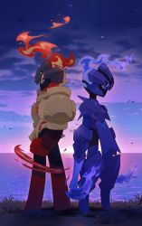 Rule 34 | armarouge, ceruledge, cloud, commentary request, creatures (company), eye trail, fire, from side, game freak, grass, highres, hsin, light trail, nintendo, outdoors, pokemon, purple eyes, red eyes, sky, standing