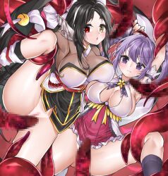 Rule 34 | 2girls, aisha landar, ara haan, ara han, armpits, arms up, asura (elsword), battle magician (elsword), black hair, blush, breasts, censored, chestnut mouth, closed mouth, dot nose, elsword, glaring, heterochromia, large breasts, leg lift, mismatched eyebrows, mosaic censoring, multicolored hair, multiple girls, pink skirt, purple eyes, purple hair, purple socks, pussy, red eyes, restrained, shiny skin, short hair, skirt, socks, streaked hair, sula (s ra760), tentacles, twintails, two-tone hair, white hair, yellow eyes