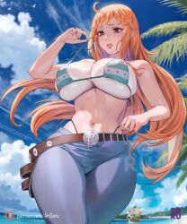 Rule 34 | 1girl, ahoge, artist logo, arttoru, bare arms, belt, bikini, bikini top only, blue pants, blue sky, blurry, blurry background, blush, breasts, brown belt, brown eyes, cleavage, cloud, cloudy sky, commentary, curvy, day, denim, english commentary, floating hair, going merry, green bikini, highres, huge breasts, jeans, large breasts, lips, long hair, looking down, nami (one piece), navel, ocean, one piece, orange hair, outdoors, palm leaf, palm tree, pants, panty straps, parted lips, patreon logo, patreon username, skindentation, sky, solo, swimsuit, thick thighs, thighs, tree, underboob, underwear, water, wide hips