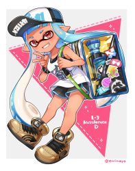 Rule 34 | 1girl, backpack, bag, baseball cap, black hat, black shorts, blue hair, bracelet, brown footwear, commentary request, cross-laced footwear, dolphin shorts, full body, grin, hat, highres, inkling, inkling (language), inkling player character, jewelry, l-3 nozzlenose (splatoon), leaning forward, long hair, looking at viewer, nintendo, pointy ears, print shirt, red eyes, shina shina, shirt, shoes, shorts, smile, sneakers, solo, splatoon (series), splatoon 2, standing, tan, tank top, tentacle hair, very long hair, white shirt, white tank top
